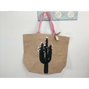 NWT-Francesca's Burlap Tote. 15x15 with Cactus Design and pink accents